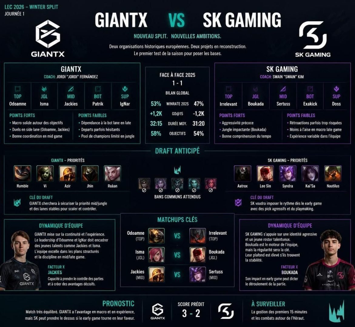 découvrez notre pronostic pour le match giantx vs sk gaming en lec league of legends, le 1er août 2026. analyse d'experts, conseils et statistiques pour parier sur cet affrontement esport passionnant.