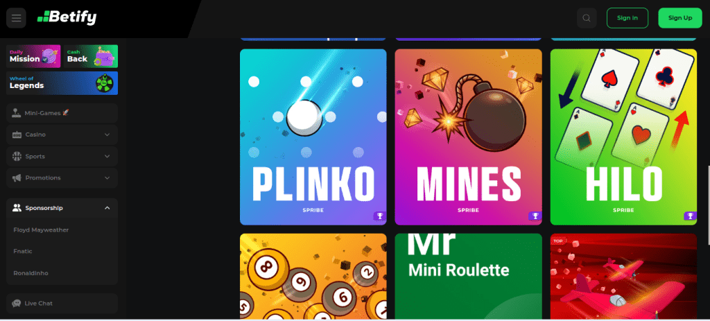 Betify casino review: mini game demo with Plinko and Mines, promo code GOAAL50 and bonus money